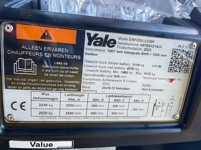 Yale ERP25VL | Heftruck - Yale erp25vl typeplaat nr 1409 - 100920-1409