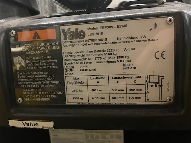 Yale ERP30VL | Heftruck - Yale erp30vl typeplaat nr 1453 - 100923-1453