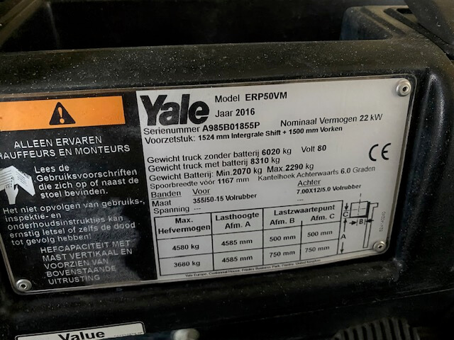 Yale ERP50VM | Heftruck - Yale erp50vm typeplaat nr 1198 - 1001255-1198